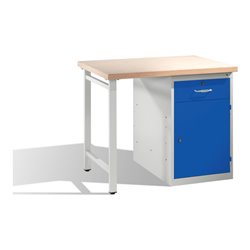 C+P Werkbank mit Multiplexplatte und 1 Standschrank Front Enzianblau Korpus Lichtgrau
