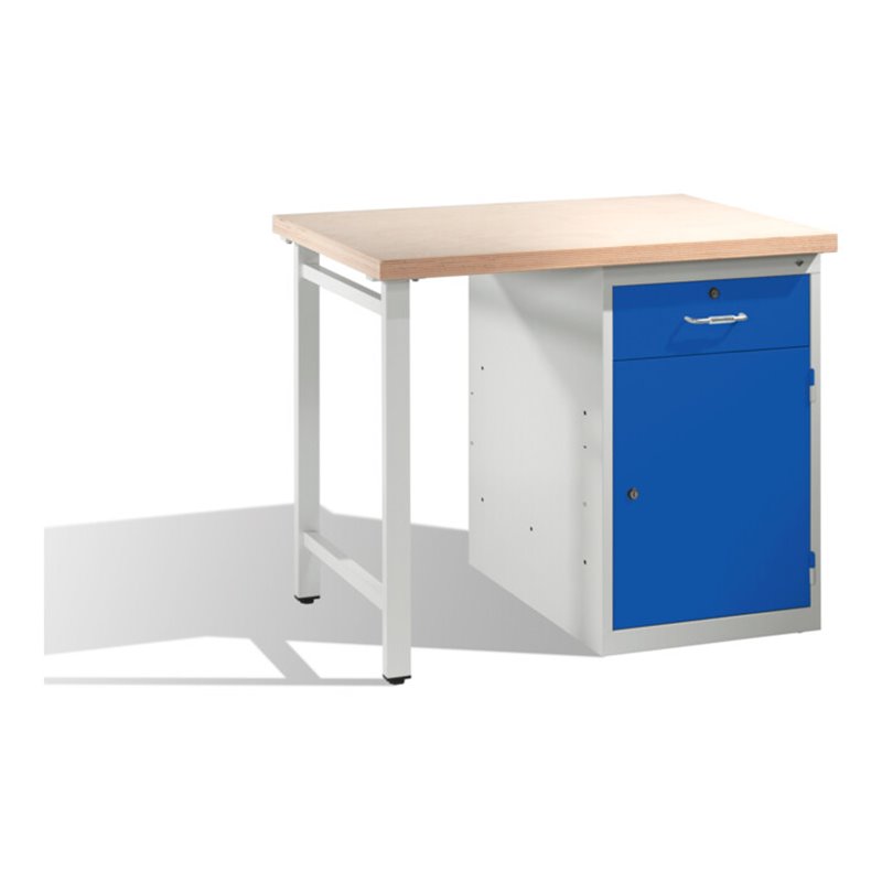 C+P Werkbank mit Multiplexplatte und 1 Standschrank Front Enzianblau Korpus Lichtgrau