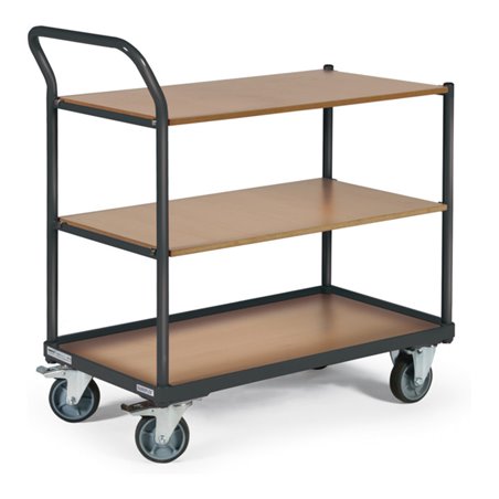 STIER Tischwagen mit 3 Ladeflächen und Schiebebügel, Tragkraft 250 kg, TPE-Bereifung