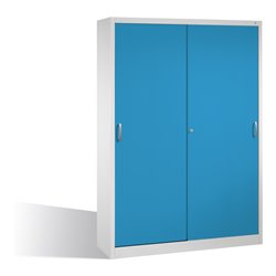 C+P Werkzeugschrank mit Schiebetüren innen 2 x 4 Böden Front Lichtblau Korpus Lichtgrau