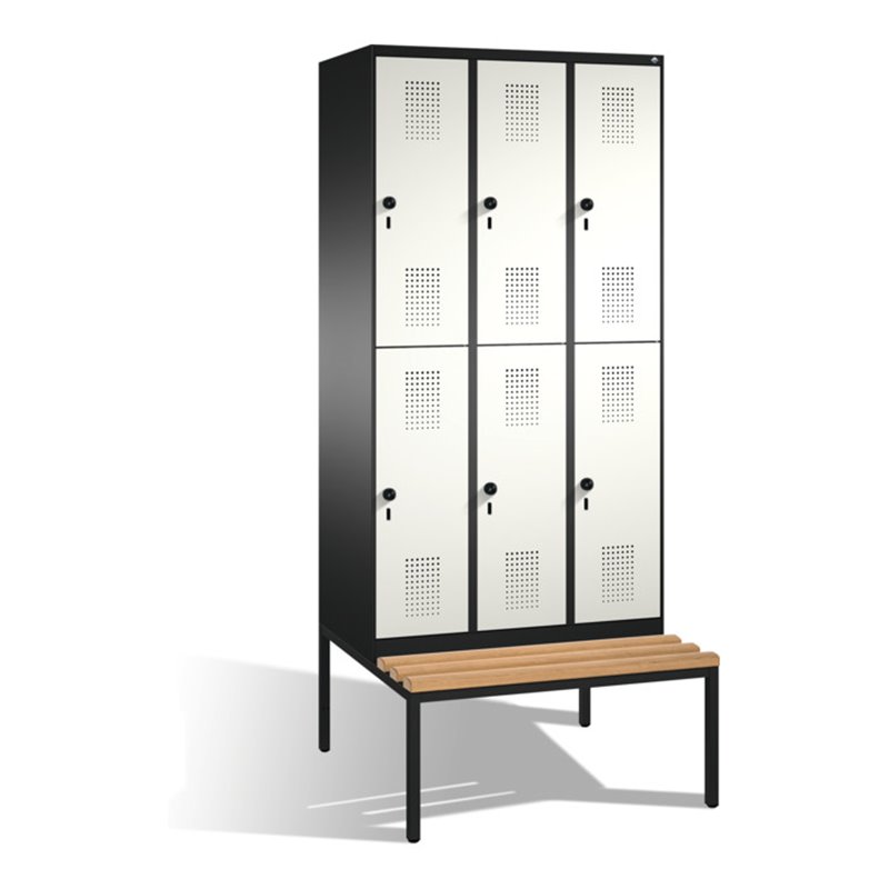 C+P Doppelstockspind Evolo mit Sitzbank 6 Fächer Front Reinweiß Korpus Schwarzgrau