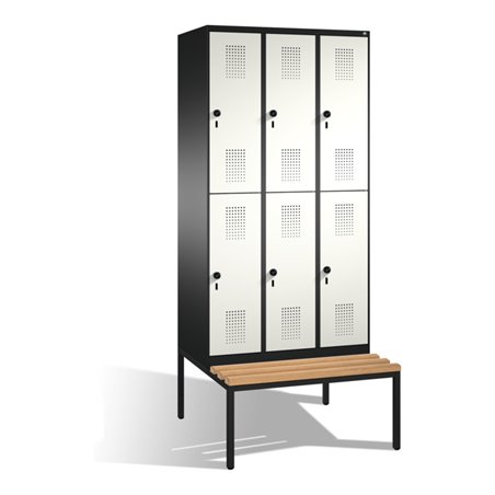 C+P Doppelstockspind Evolo mit Sitzbank 6 Fächer Front Reinweiß Korpus Schwarzgrau