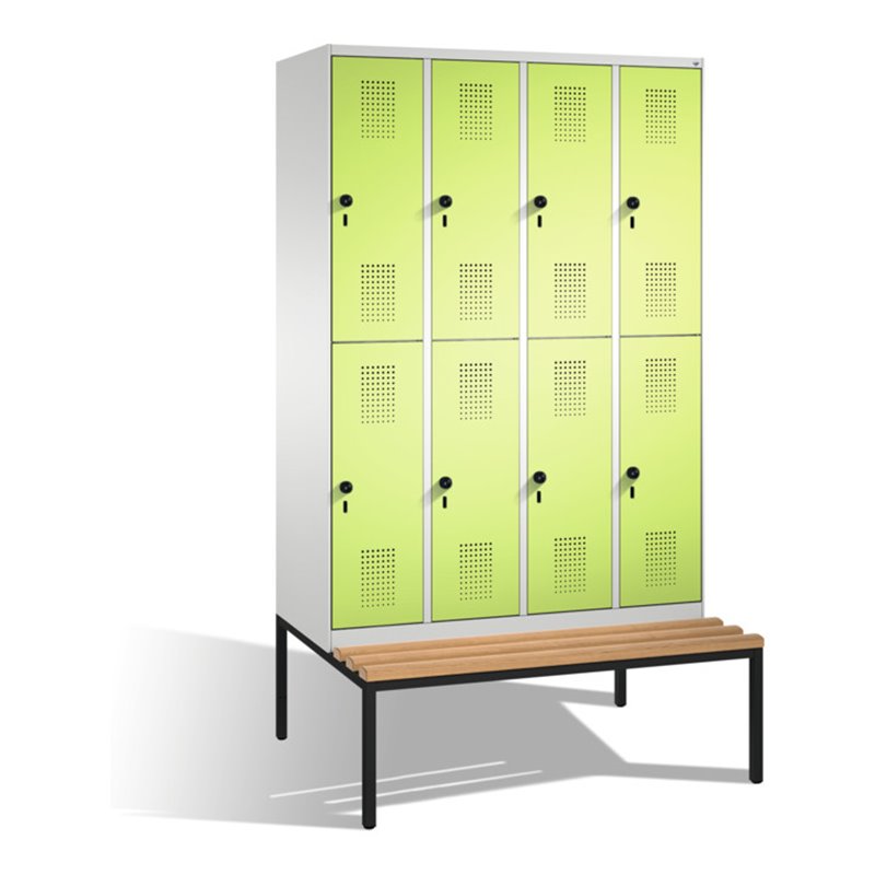 C+P Doppelstockspind Evolo mit Sitzbank 8 Fächer Front Viridingrün Korpus Lichtgrau