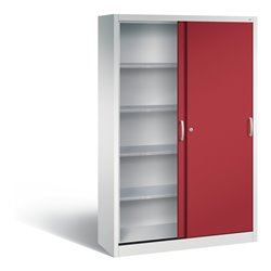 C+P Werkzeugschrank mit Schiebetüren innen 4 Böden Front Rubinrot Korpus Lichtgrau