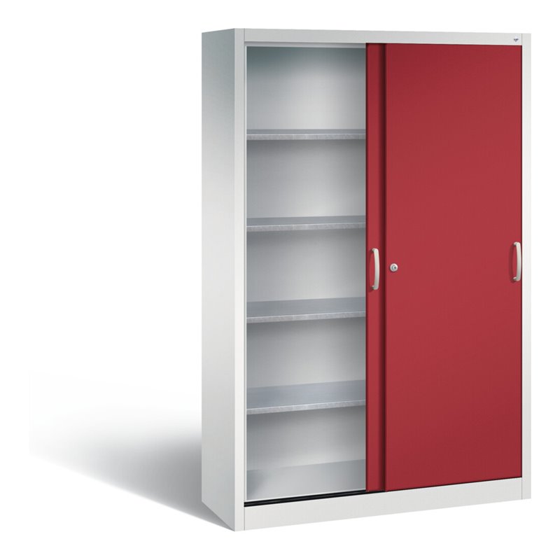 C+P Werkzeugschrank mit Schiebetüren innen 4 Böden Front Rubinrot Korpus Lichtgrau