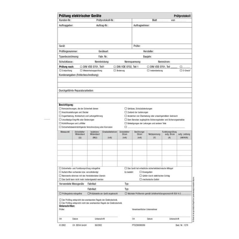 Beha-Amprobe Prüfprotokollblock für 0701/0702 FTC00001279D