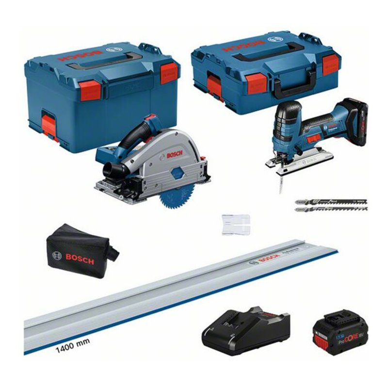 Bosch 18V kit: GKT + GST + FSN 1400 + 2 x PC (1 x 4,0 Ah +1 x 5,5 Ah) + GAL