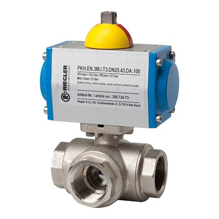 Riegler Messingkugelhahn, pneumat. Stellantrieb, L-Bohrung, Rp 3/4