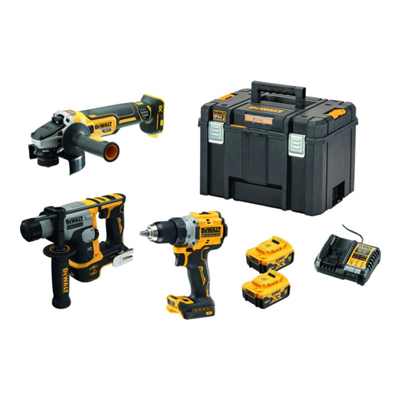 DEWALT Akku-Maschinen-Set 18V mit Akku-Bohrschrauber, -Bohrhammer, -Winkelschleifer, 2 Akkus und Ladegerät