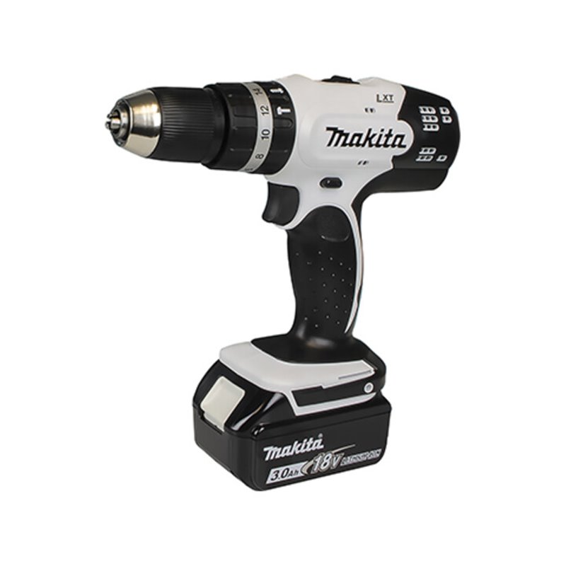 Makita Akku-Schlagbohrschrauber 18V in weiß / 3,0 Ah, 2 Akkus + Ladegerät im Transportkoffer