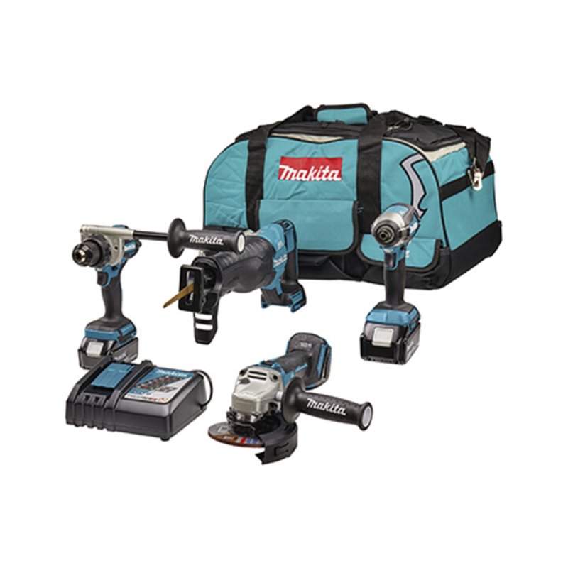 Makita Akku-Kombo-Kit 18V (DDF486+DTD153+DGA504+DJR187) / 5,0 Ah, 2 Akkus + Ladegerät in Transporttasche