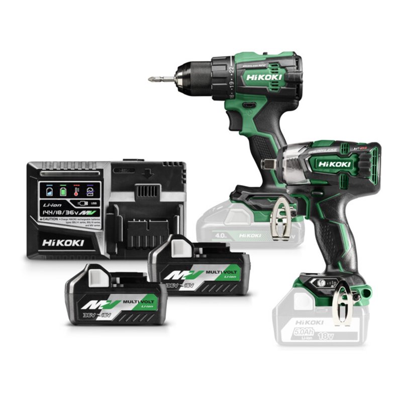 HiKOKI Combo-Kit Akku-Bohrschrauber + Schlagschrauber KC18DE-1 + 2x Akkus BSL36A18