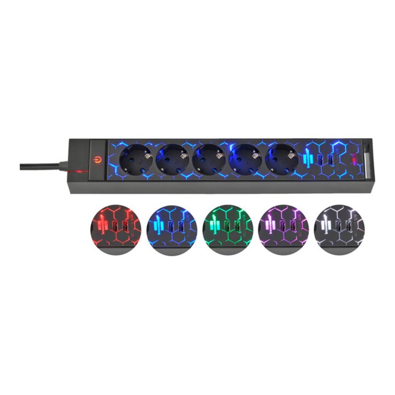 Brennenstuhl Gaming Steckdosenleiste GSL 05 USB mit LED Beleuchtung (5-fach beleuchtete Mehrfachsteckdose für Gaming-Setup mit L