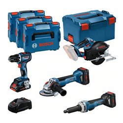 Bosch Combo Kit Set mit 4 18V-Werkzeugen: GSR, GWS, GKM, GGS, 3 x Akku