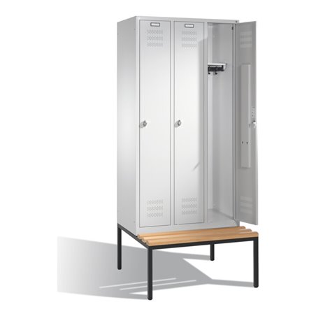 C+P Spind doppelstöckig Serie 128, doppelstöckiger Garderobenschrank auf untergebauter Sitzbank