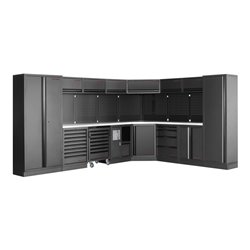 Kraftwerk 8-Element-Schrankwand mit Vierkantlochwand Länge 3819 mm 2824 mm Inox Arbeitsplatte
