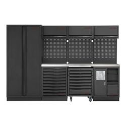 Kraftwerk 4-Element-Schrankwand mit Vierkantlochwand Länge 2955 mm Inox-Arbeitsplatte