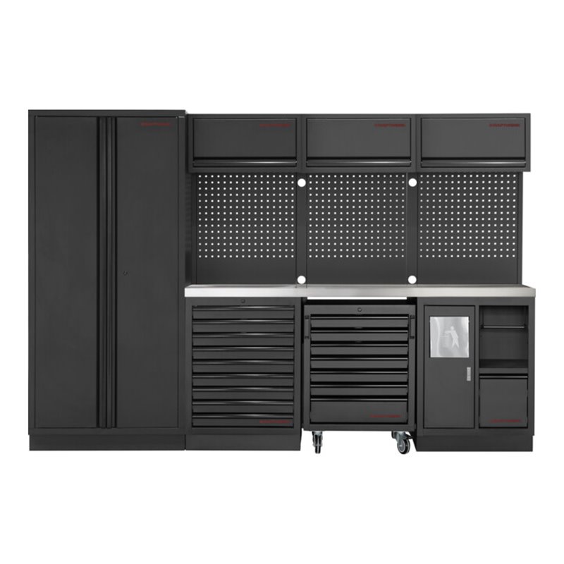 Kraftwerk 4-Element-Schrankwand mit Vierkantlochwand Länge 2955 mm Inox-Arbeitsplatte