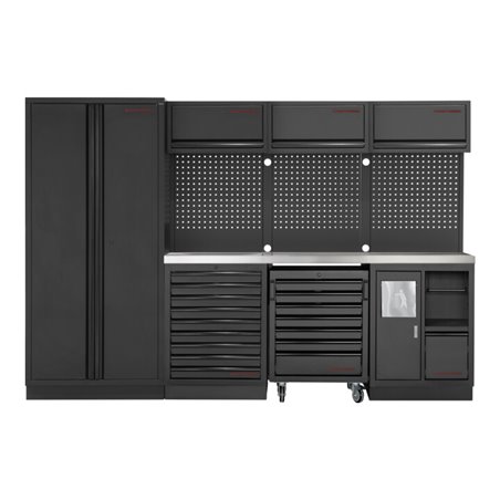 Kraftwerk 4-Element-Schrankwand mit Vierkantlochwand Länge 2955 mm Inox-Arbeitsplatte