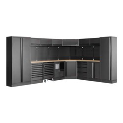 Kraftwerk 8-Element-Schrankwand mit Vierkantlochwand Länge 3819 mm 2824 mm Multiplex-Arbeitsplatten
