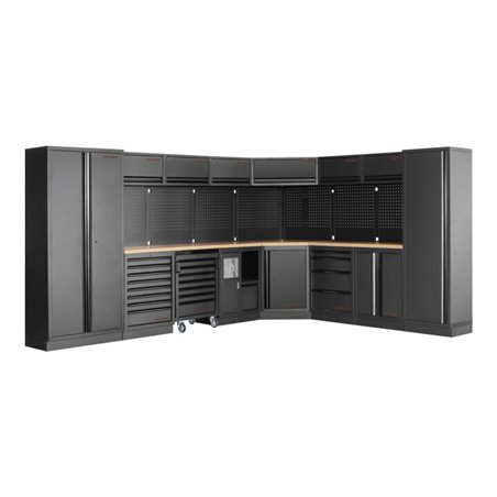 Kraftwerk 8-Element-Schrankwand mit Vierkantlochwand Länge 3819 mm 2824 mm Multiplex-Arbeitsplatten