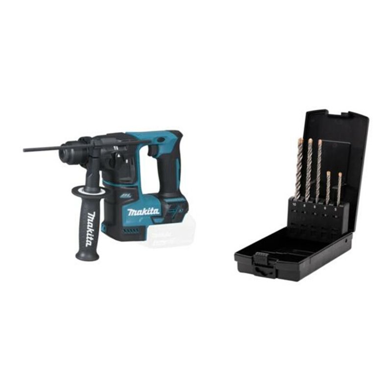 Makita Akku-Bohrhammer DHR243RTJ, Solo-Version + Premium SDS-Plus Hammerbohrer-Set, 5-tlg.