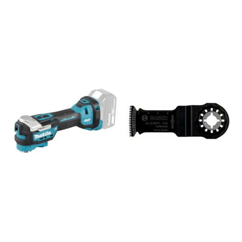 Makita Akku-Multitool DTM52Z + 10x Bosch HCS Tauchsägeblatt AIZ 32 BSPC Hard Wood, 50 x 32 mm