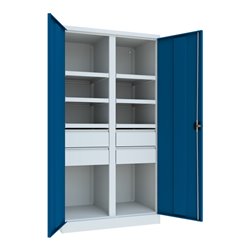 Pavoy Schwerlastschrank, Trennwand, 6 Fachböden a 120 kg, 4 Schubladen, RAL 7035/5010