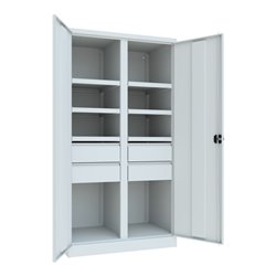 Pavoy Schwerlastschrank, Trennwand, 6 Fachböden a 120 kg, 4 Schubladen, RAL 7035