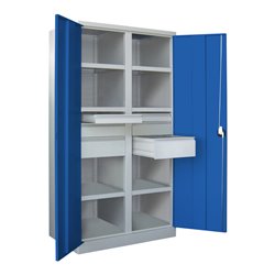 Pavoy Schwerlastschrank, Trennwand, 6 Fachböden a 120 kg, 6 Schubladen, RAL 7035/5010