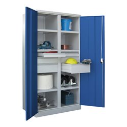 Pavoy Schwerlastschrank, Trennwand, 6 Fachböden a 120 kg, 6 Schubladen, RAL 7035/5010