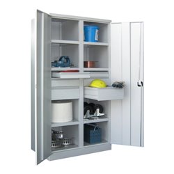 Pavoy Schwerlastschrank, Trennwand, 6 Fachböden a 120 kg, 6 Schubladen, RAL 7035