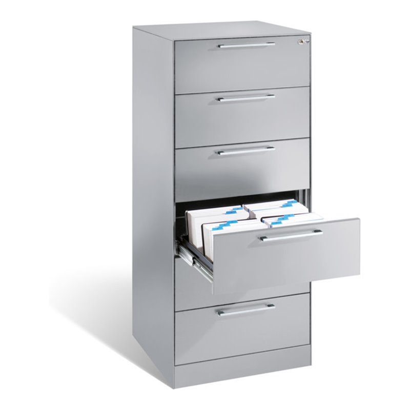 C+P Karteischrank Asisto für Karteikarten DIN A5 quer, 6 Schubladen, zweibahnig Front Lichtgrau Korpus Lichtgrau