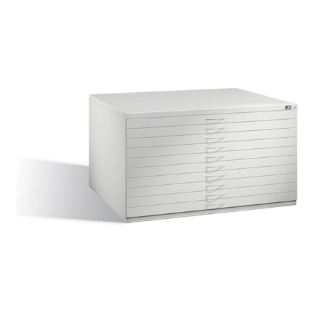 C+P Flachablageschrank für Formate bis DIN A0, 10 Schubladen, H760xB1350xT960mm Front Lichtgrau Korpus Lichtgrau
