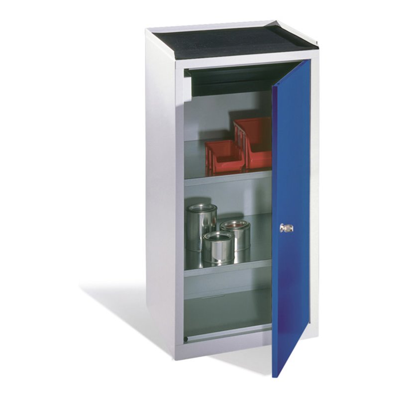 C+P Werkzeug-Beistellschrank mit Drehtür, 2 Böden und Schublade, H1020xB500xT500mm Front Enzianblau Korpus Lichtgrau