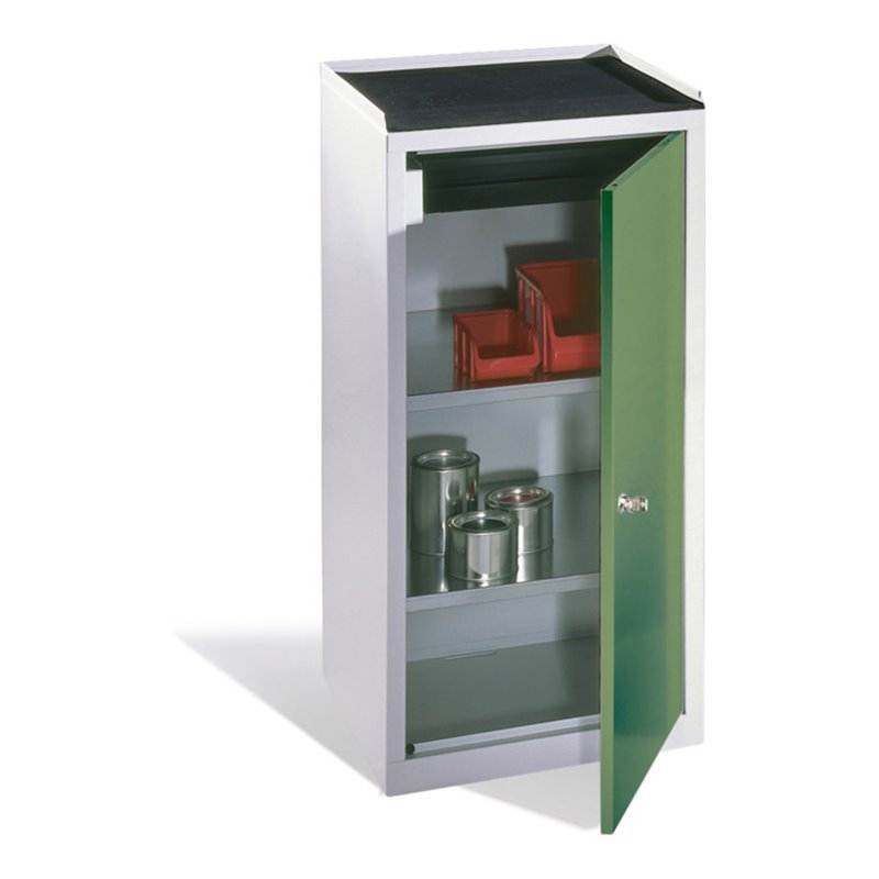 C+P Werkzeug-Beistellschrank mit Drehtür, 2 Böden und Schublade, H1020xB500xT500mm Front Resedagrün Korpus Lichtgrau