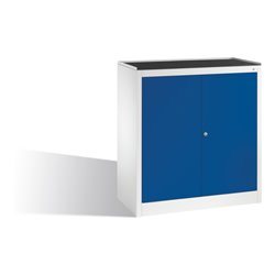 C+P Werkzeug-Beistellschrank mit Drehtüren, 2 Böden und Schublade, H1020xB940xT500mm Front Enzianblau Korpus Lichtgrau