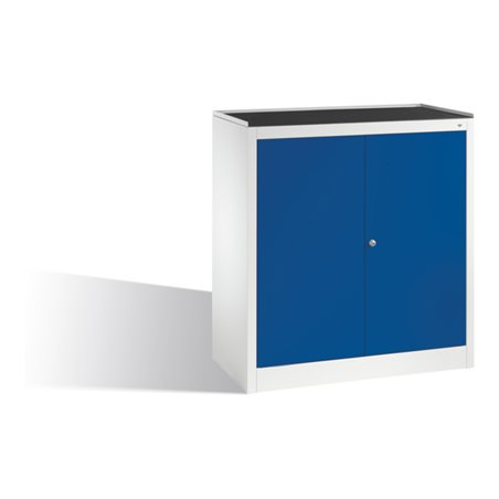 C+P Werkzeug-Beistellschrank mit Drehtüren, 2 Böden und Schublade, H1020xB940xT500mm Front Enzianblau Korpus Lichtgrau