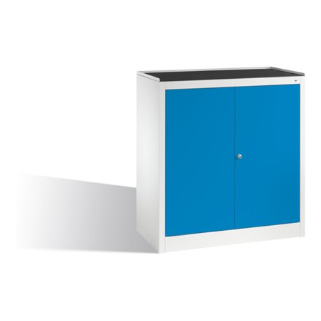 C+P Werkzeug-Beistellschrank mit Drehtüren, 2 Böden und Schublade, H1020xB940xT500mm Front Lichtblau Korpus Lichtgrau