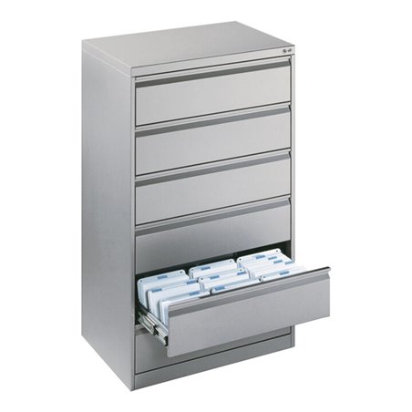 C+P Karteischrank Acurado für Karteikarten DIN A5 quer, 6 Schubladen, dreibahnig Front Lichtgrau Korpus Lichtgrau