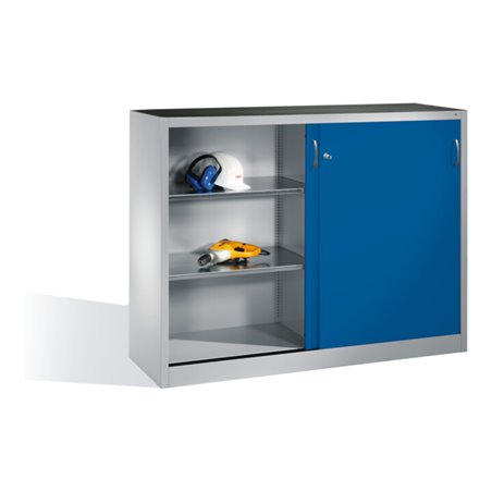 C+P Werkzeug-Beistellschrank mit Schiebetüren, innen 2 x 2 Böden, H1200xB1600xT400mm Front Enzianblau Korpus Lichtgrau