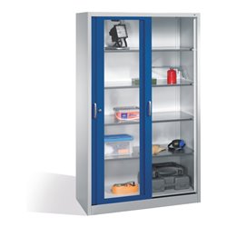 C+P Werkzeugschrank mit Sichtfenster-Schiebetüren, 4 Böden, H1950xB1200xT500mm Front Enzianblau Korpus Lichtgrau