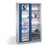 C+P Werkzeugschrank mit Sichtfenster-Schiebetüren, 4 Böden, H1950xB1200xT500mm Front Enzianblau Korpus Lichtgrau