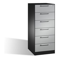 C+P Karteischrank Asisto für Karteikarten DIN A5 quer, 6 Schubladen, zweibahnig Front Weißaluminium Korpus Schwarzgrau