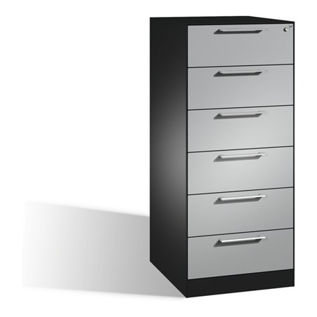 C+P Karteischrank Asisto für Karteikarten DIN A5 quer, 6 Schubladen, zweibahnig Front Weißaluminium Korpus Schwarzgrau