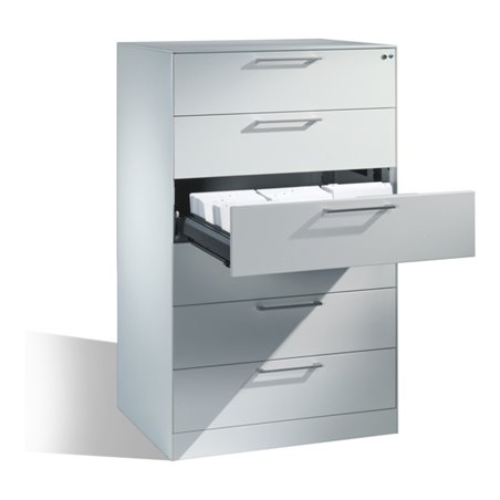 C+P Karteischrank Asisto für Karteikarten DIN A5 quer, 6 Schubladen, dreibahnig Front Lichtgrau Korpus Lichtgrau