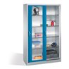 C+P Werkzeugschrank mit Sichtfenster-Schiebetüren, 4 Böden, H1950xB1200xT500mm Front Lichtblau Korpus Lichtgrau