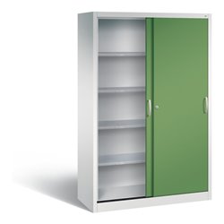 C+P Schwerlast-Werkzeugschrank mit Schiebetüren, 4 Böden, H1950xB1200xT500mm Front Resedagrün Korpus Lichtgrau