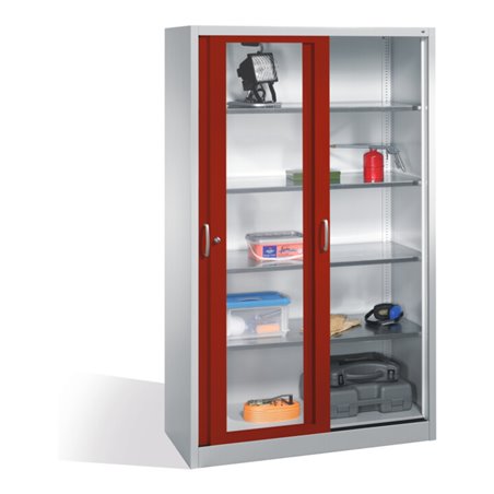 C+P Werkzeugschrank mit Sichtfenster-Schiebetüren, 4 Böden, H1950xB1200xT500mm Front Rubinrot Korpus Lichtgrau