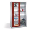 C+P Werkzeugschrank mit Sichtfenster-Schiebetüren, 4 Böden, H1950xB1200xT500mm Front Rubinrot Korpus Lichtgrau